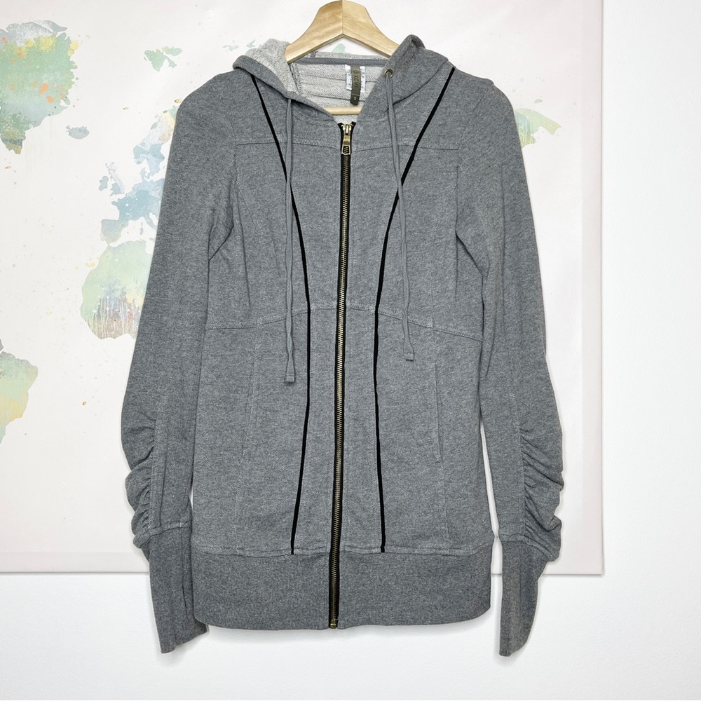 XCVI Sweater Size Small Full Zip Jacket Gray Ruched Hooded Thumbholes Pockets